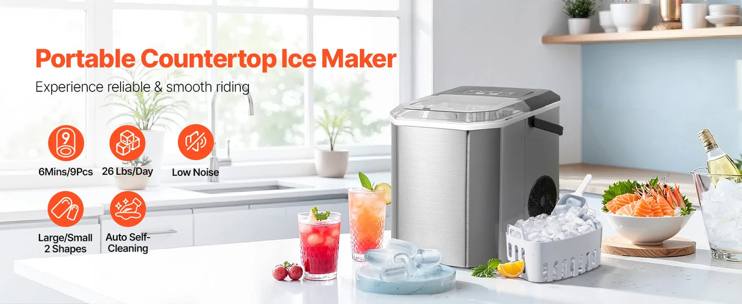 SucceBuy Portable Ice Maker: 9-Cube, 6-Min Fast Ice, 26 lb/24h, Self-Cleaning