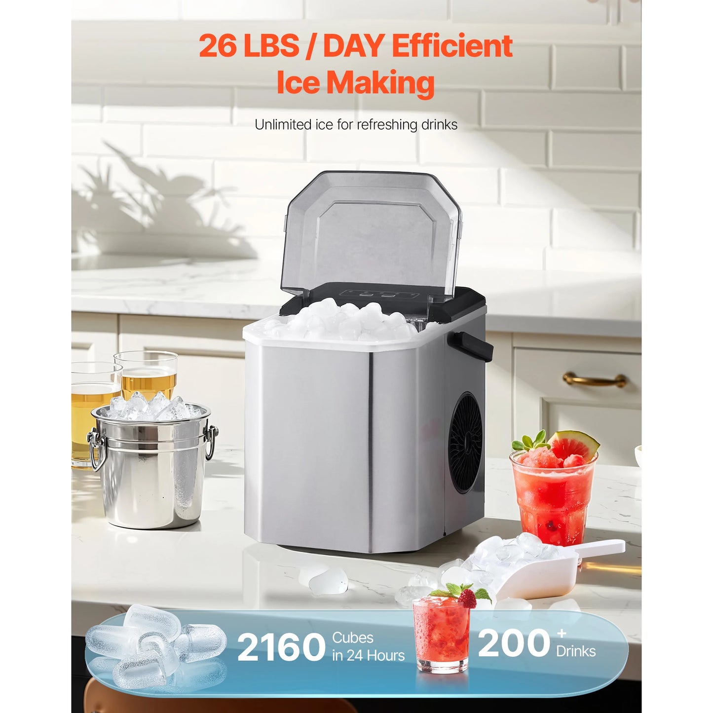 SucceBuy Portable Ice Maker: 9-Cube, 6-Min Fast Ice, 26 lb/24h, Self-Cleaning